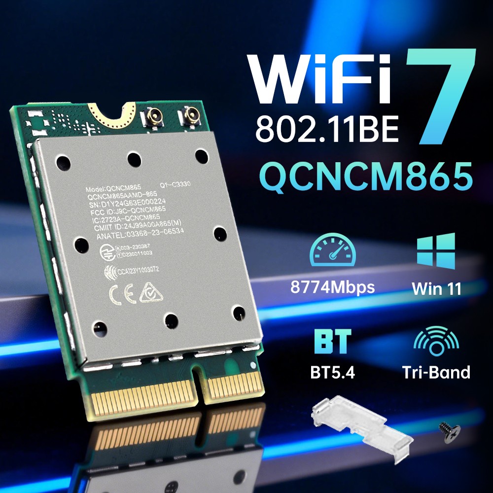 Tri‑Band WiFi 7 Bluetooth 5.4 M.2 Wireless Card QCNCM865 5800Mbps Laptop Adapter
