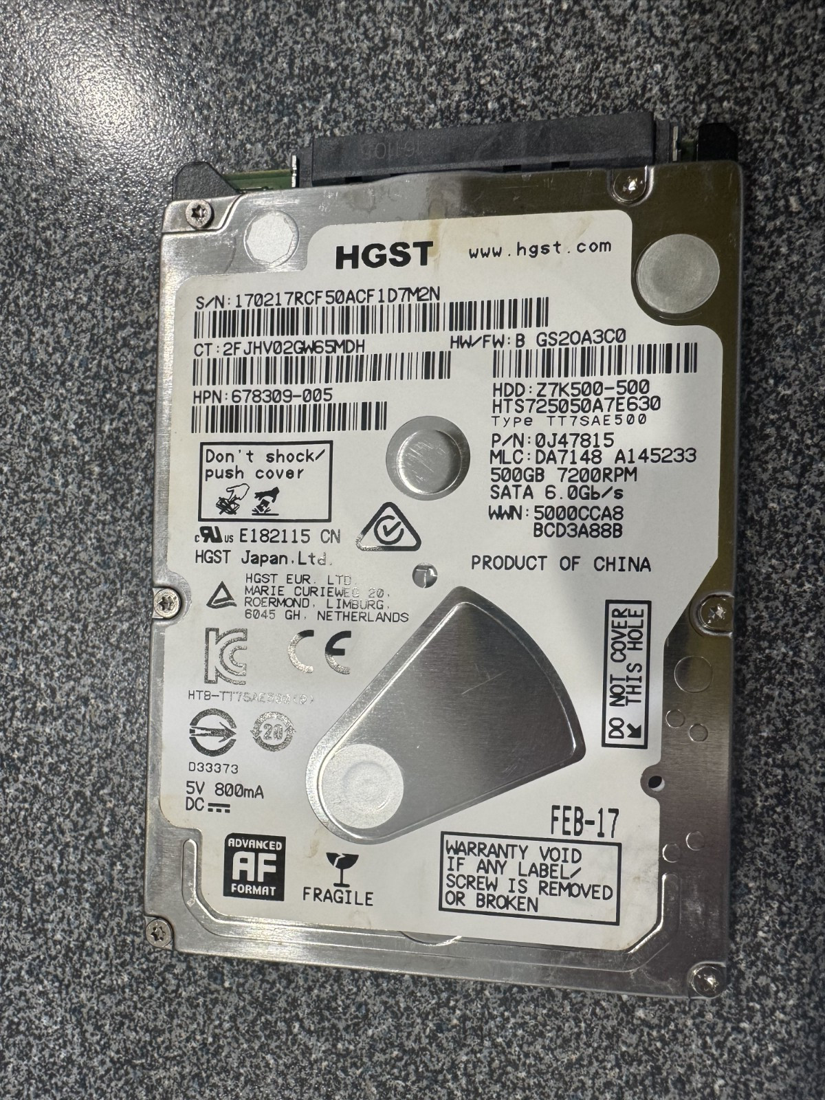 HGST 500GB 7200RPM 2.5" SATA III Laptop Hard Drive HTS725050A7E630 Tested