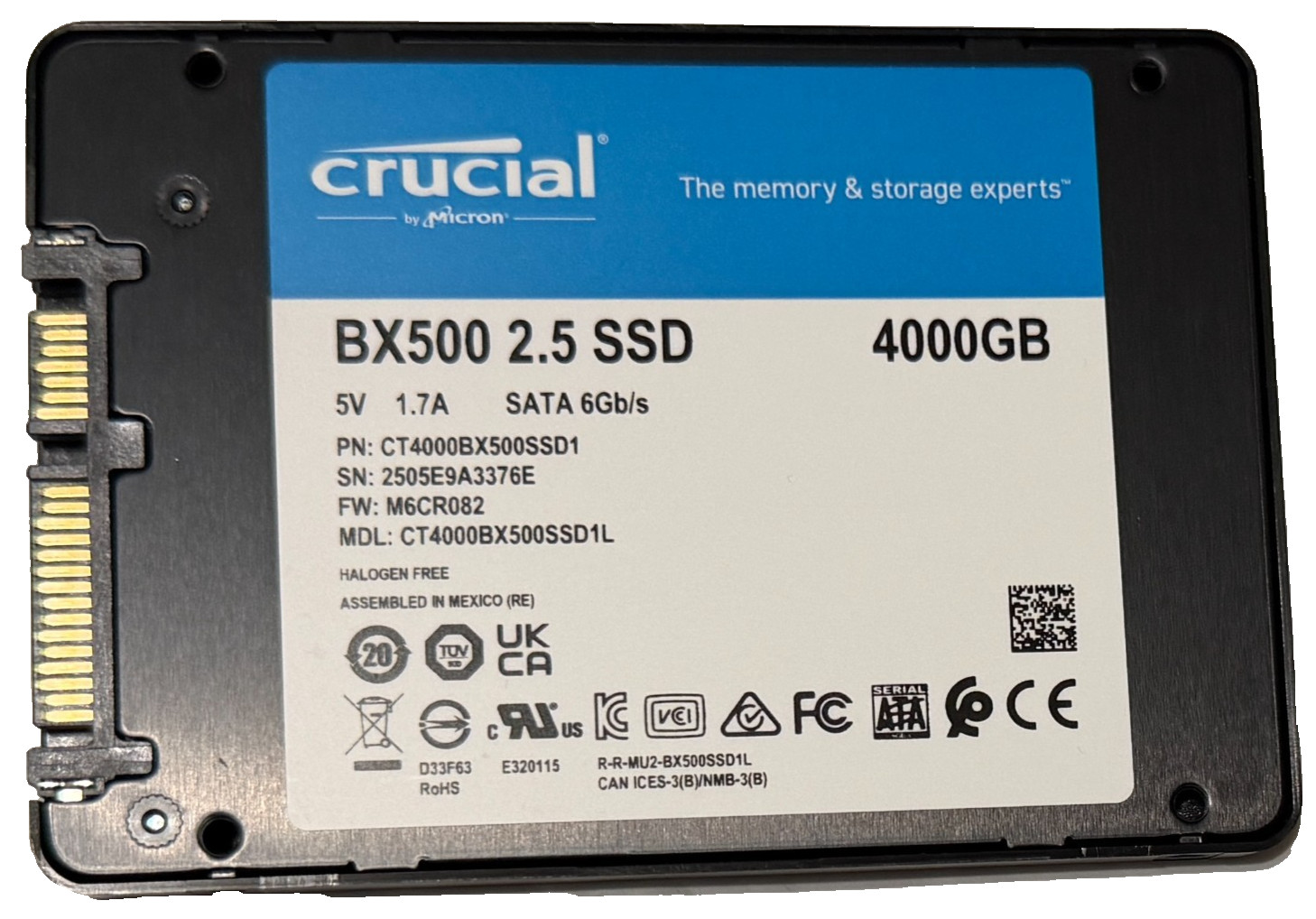 Crucial BX500 4TB 2.5in SATA III SSD CT4000BX500SSD1 100% Health