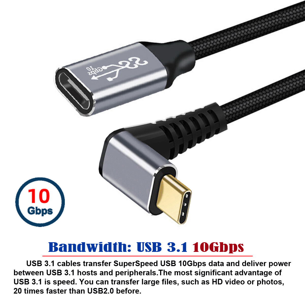 NFHK Up Down Angled USB-C USB 3.1 Type C Male to Female Extension Data Cable