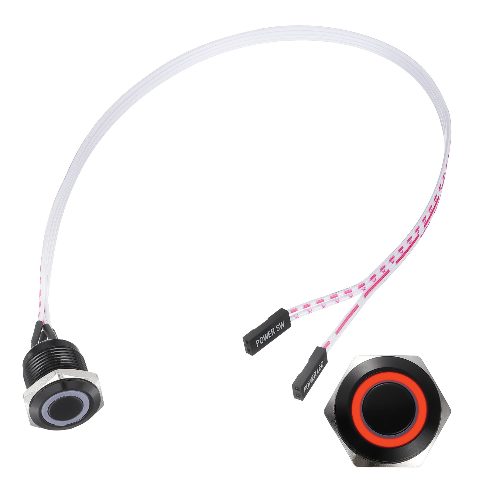 Chassis Metal Button 16mm Ring Red LED Power Button 30cm Wire Black