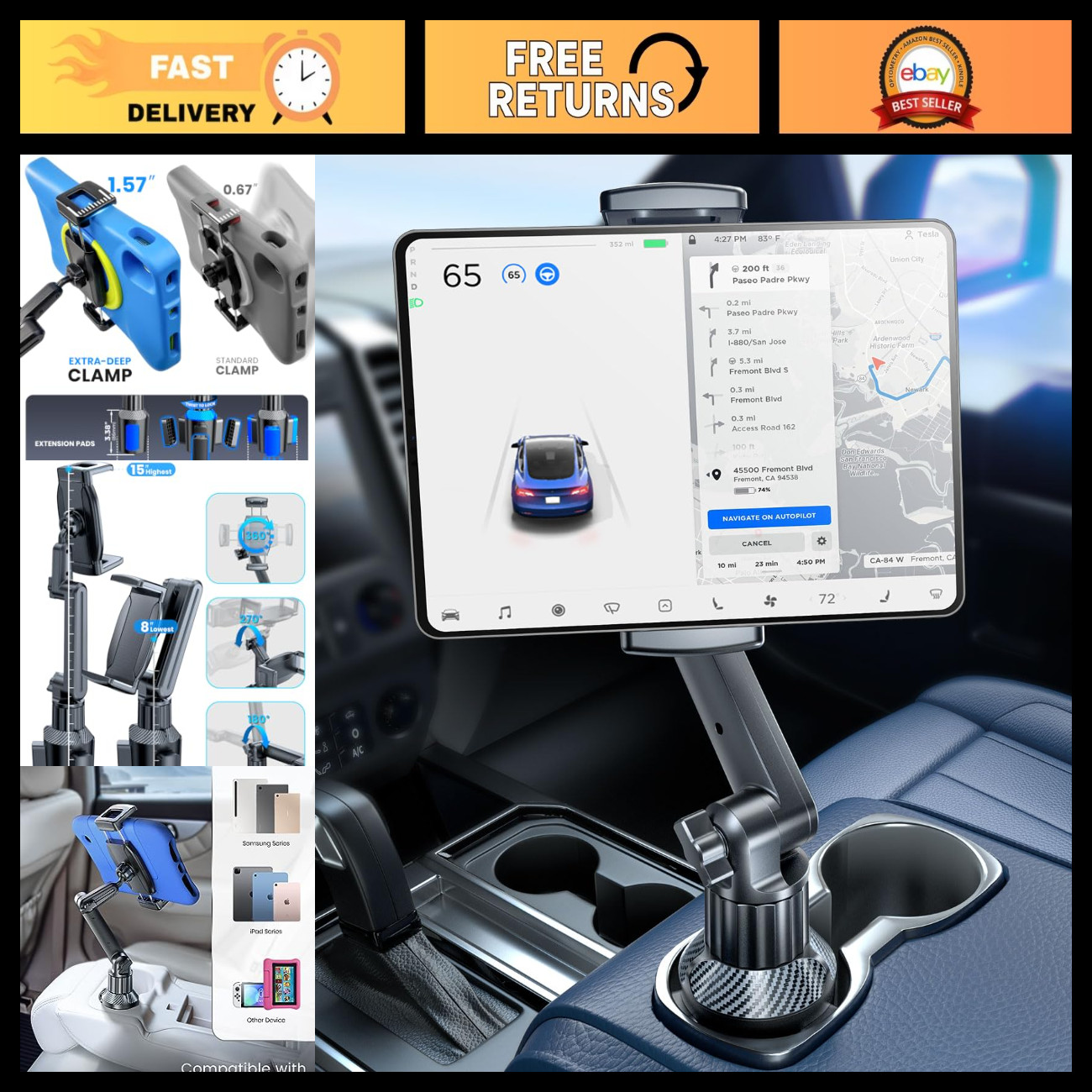 Car Tablet Holder Mount, iPad Stand for Cup Holder - Adjustable & Secure Fit
