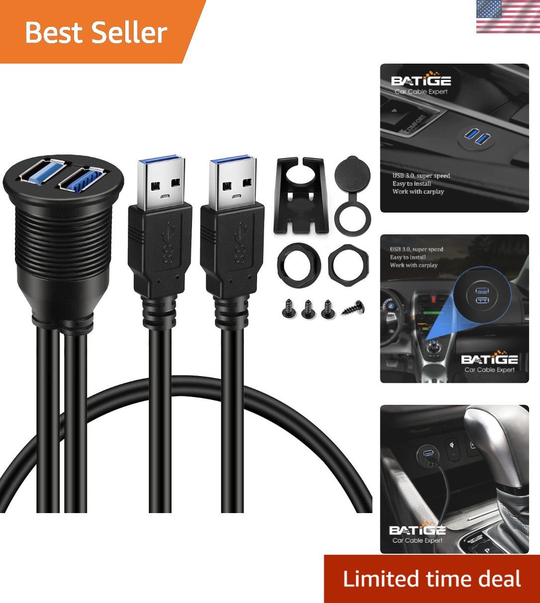 3-Foot USB 3.0 Male to Female Flush Mount Extension Cable - Versatile & Durable