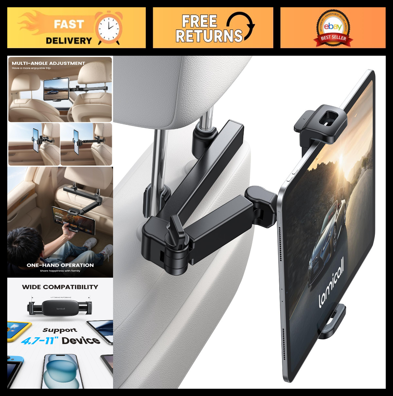 Adjustable Car Headrest Tablet Holder | 3-in-1 Back Seat Mount for 4.7-11" Devic