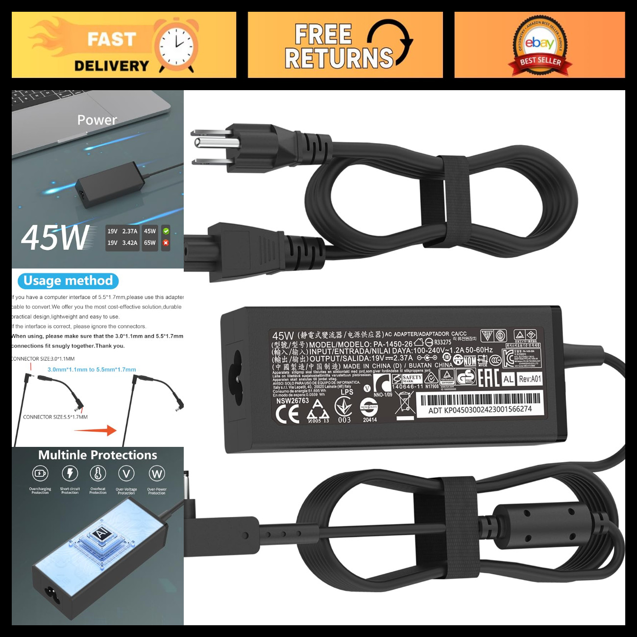 45W Laptop Charger AC Adapter for Acer Aspire 1 3 5, Small Pin 3.0x1.1mm Power S