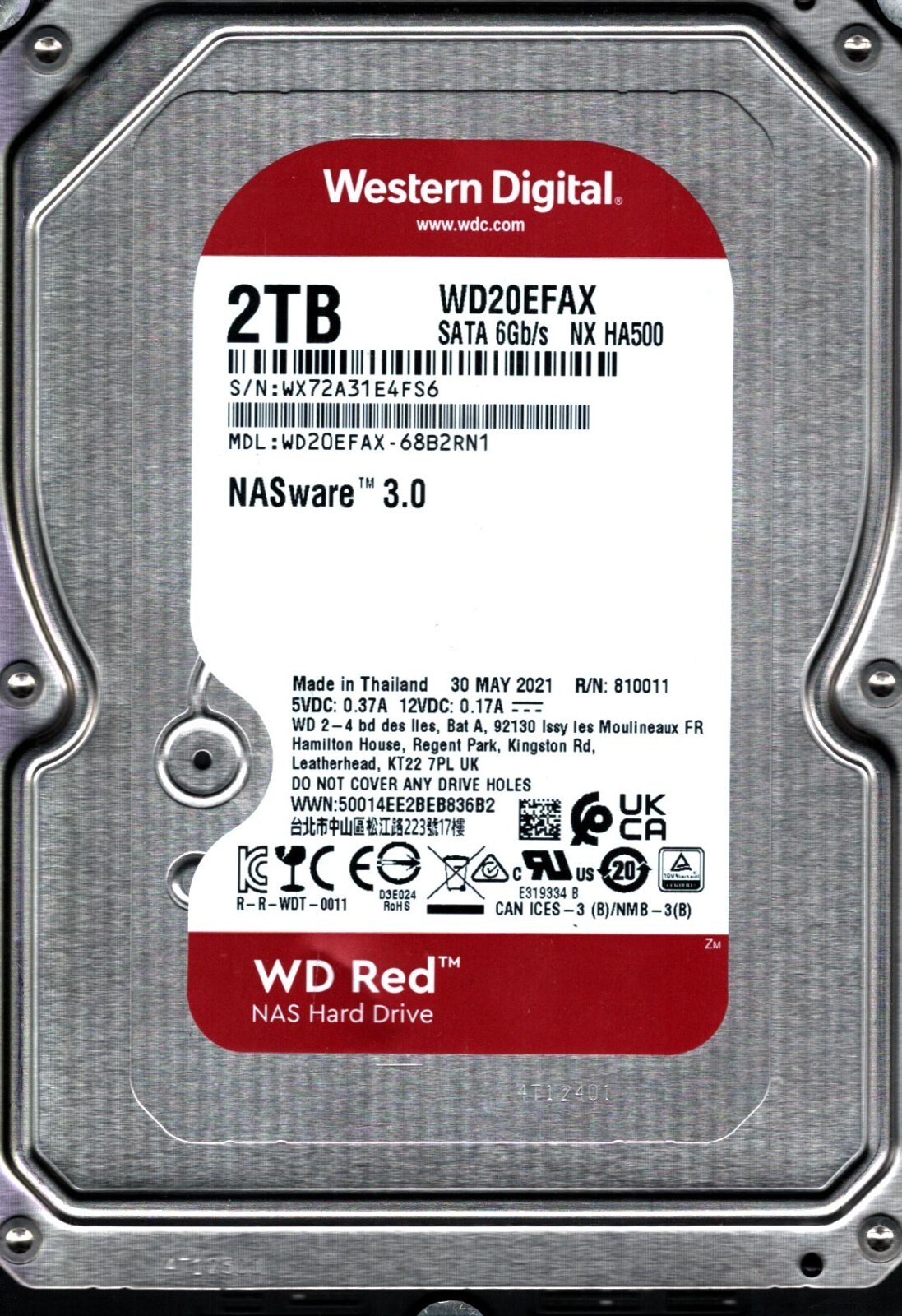 WD20EFAX-68B2RN1 S/N: WX72A WESTERN DIGITAL 2TB THAILAND MAY 2021