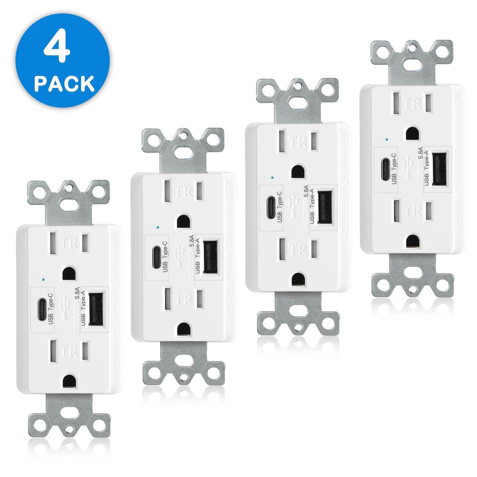 High Speed 5.8A Dual USB Type-C Outlet TR In-Wall Charger Receptacle White 4PACK
