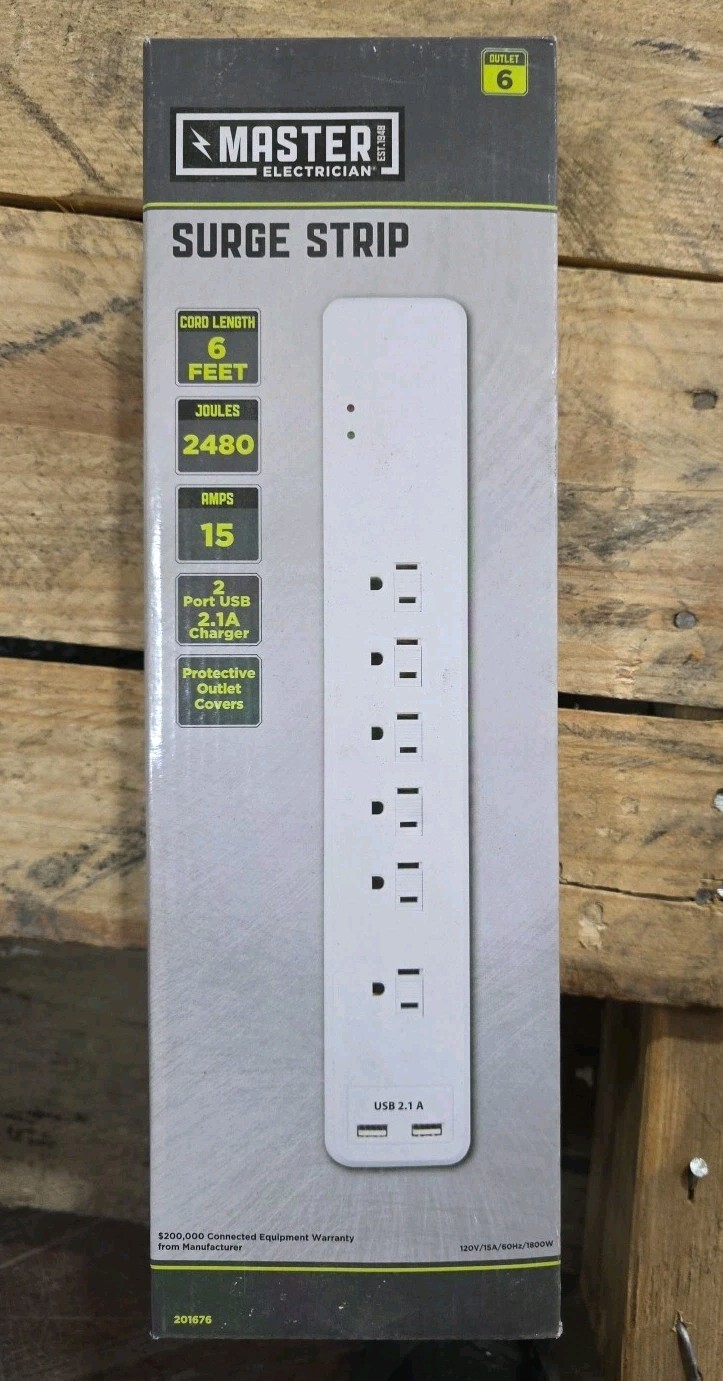 Master Electrician Surge Strip PS-672F-3A 6 Outlet with 6' Power Cord White, NEW