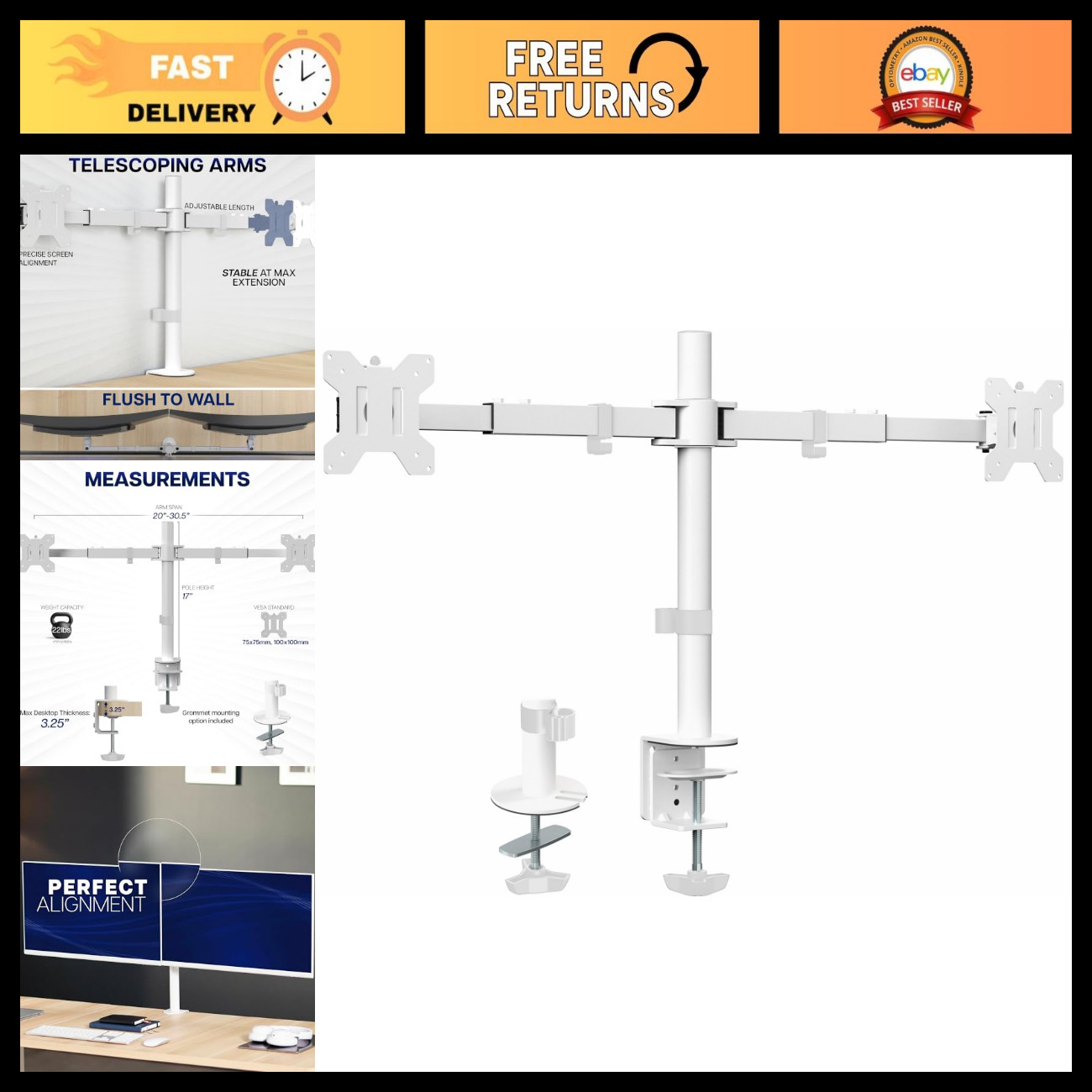 Dual Monitor Desk Mount for 21-32" Screens, Heavy Duty, Adjustable Arms, Wall Se