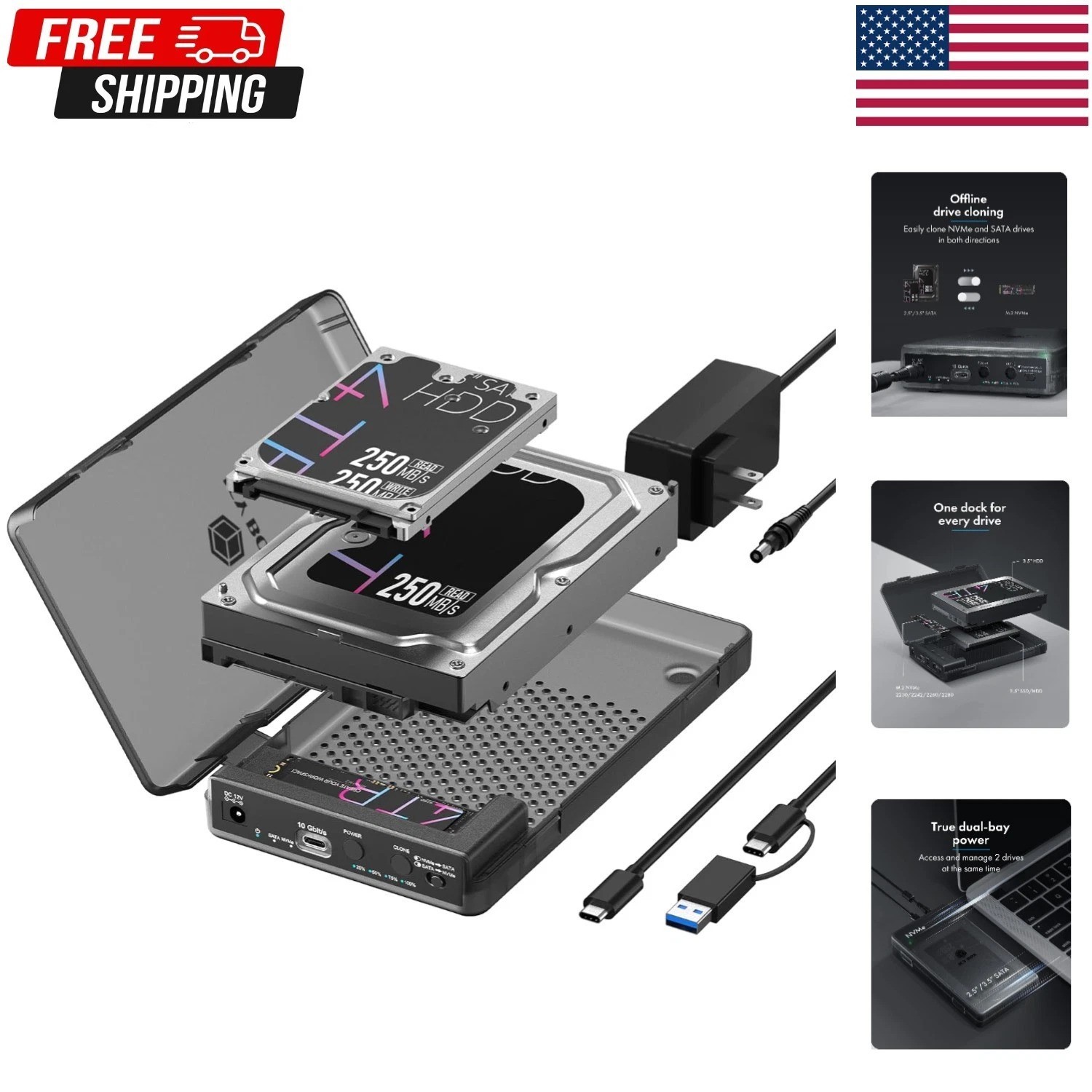 M.2 Nvme & SATA SSD/HDD Docking Station,  USB-C 10 Gbps Hard Drive Clon