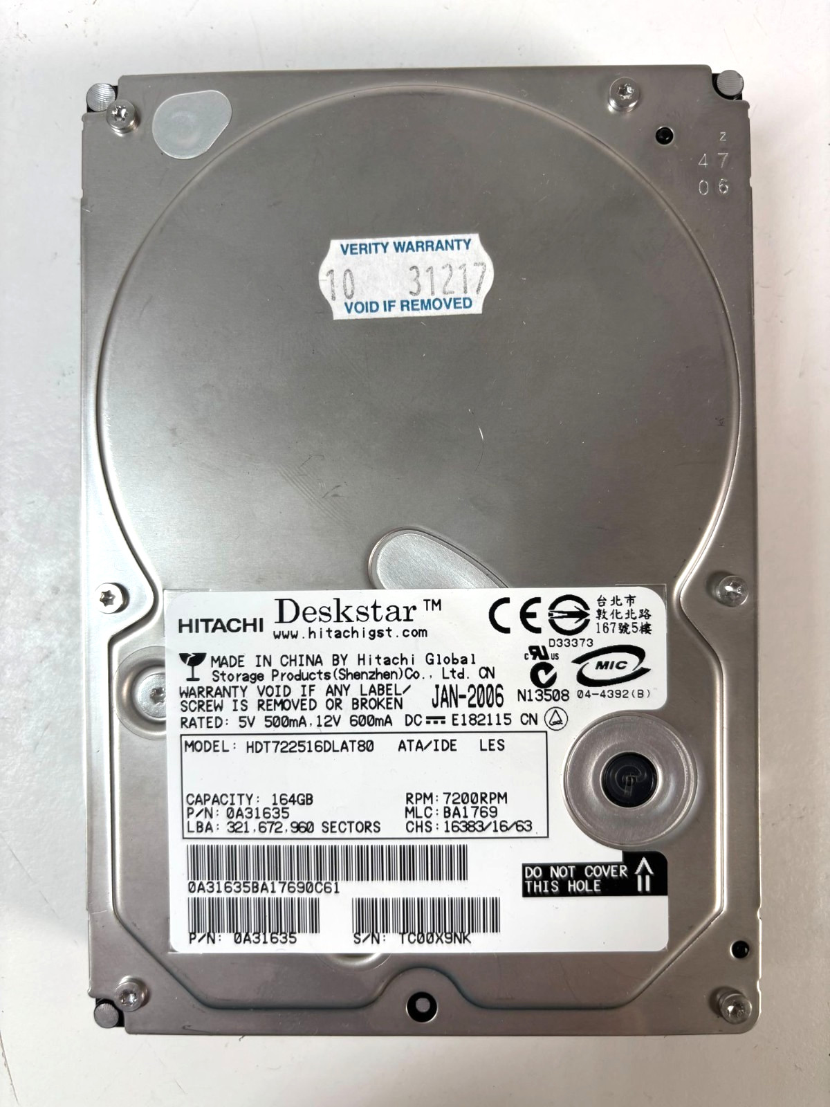Hitachi Deskstar 164GB 7200RPM ATA/IDE HDD Model HDT722516DLA780
