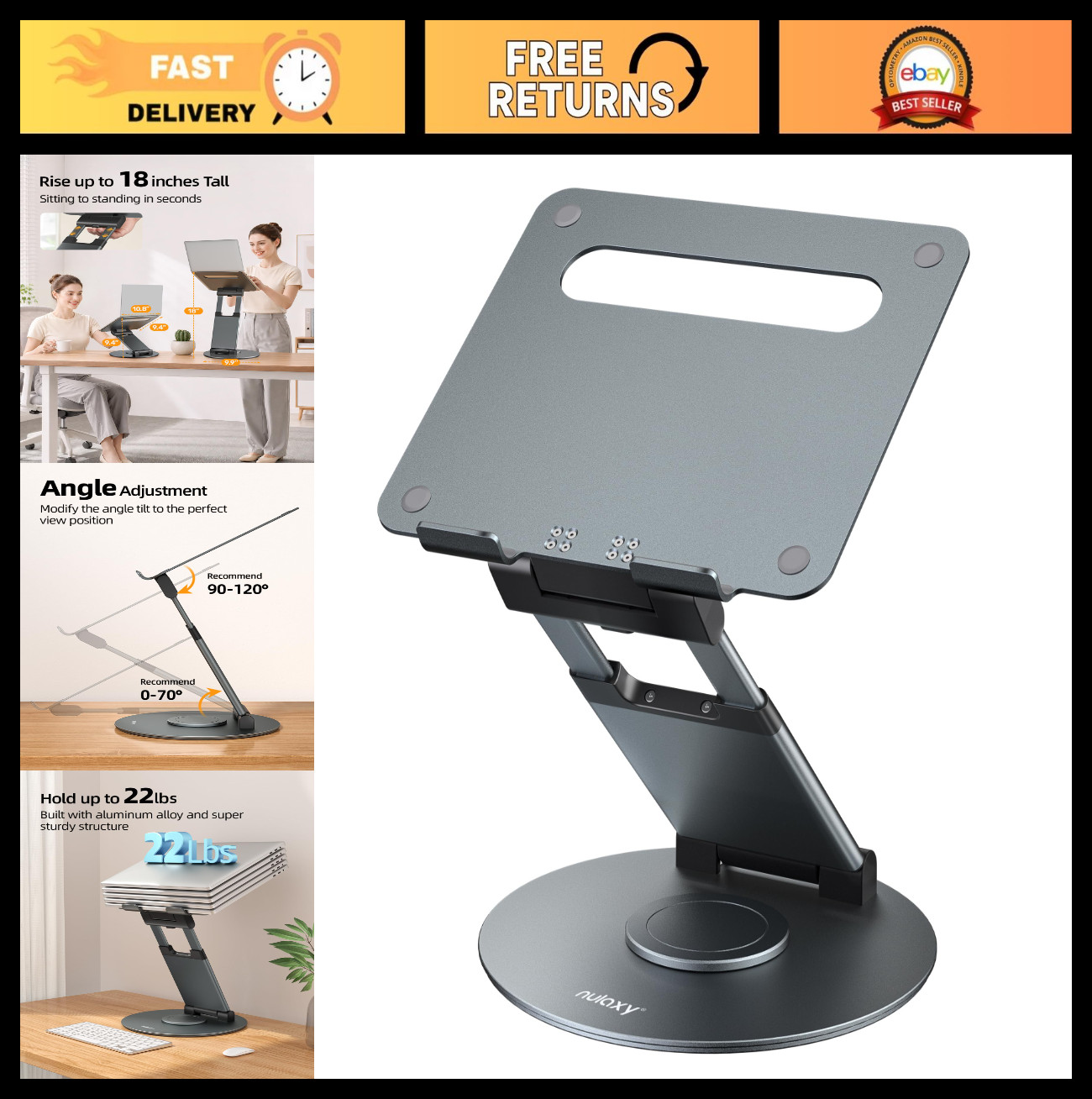 18" Telescopic 360° Rotating Aluminum Laptop Stand - Ergonomic Riser for 10-17"