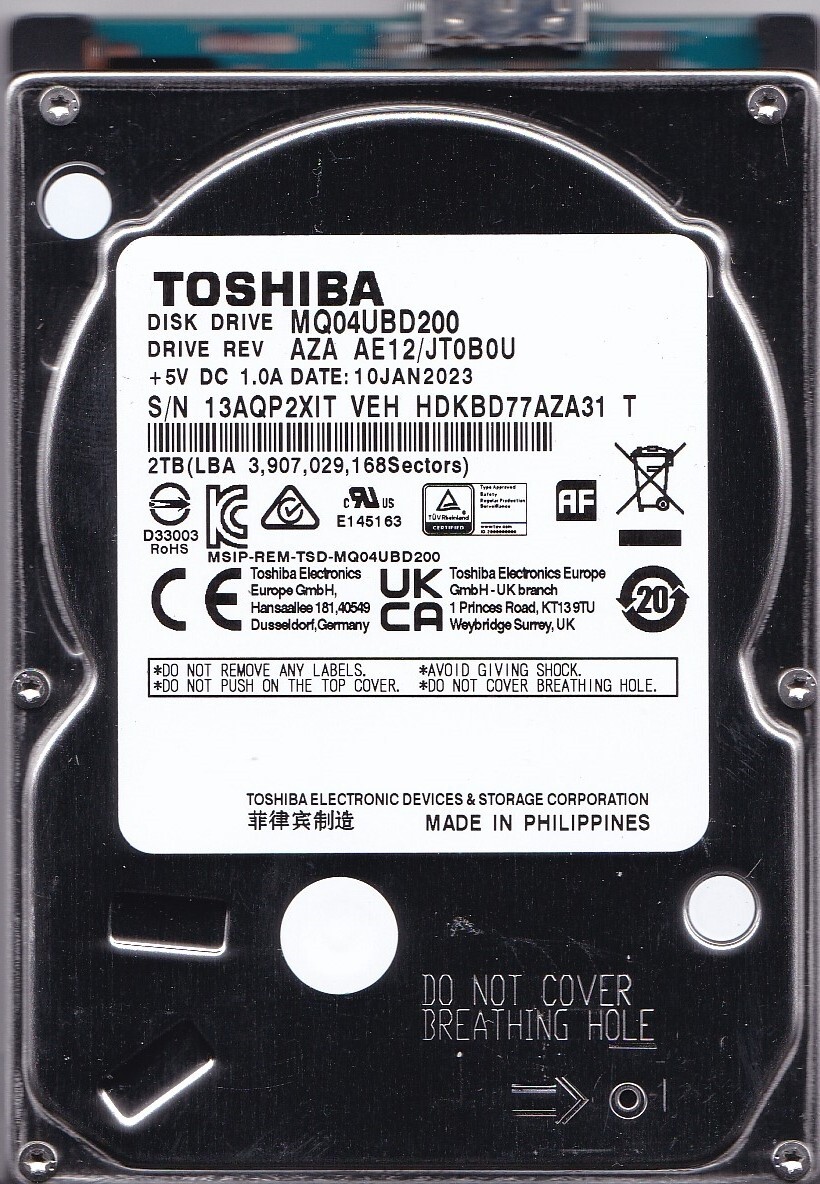 MQ04UBD200 rev: AZA AE12/JT0B0U p/n: HDKBD77AZA31 T JAN/2023 2TB USB 3.0 TOSHIBA