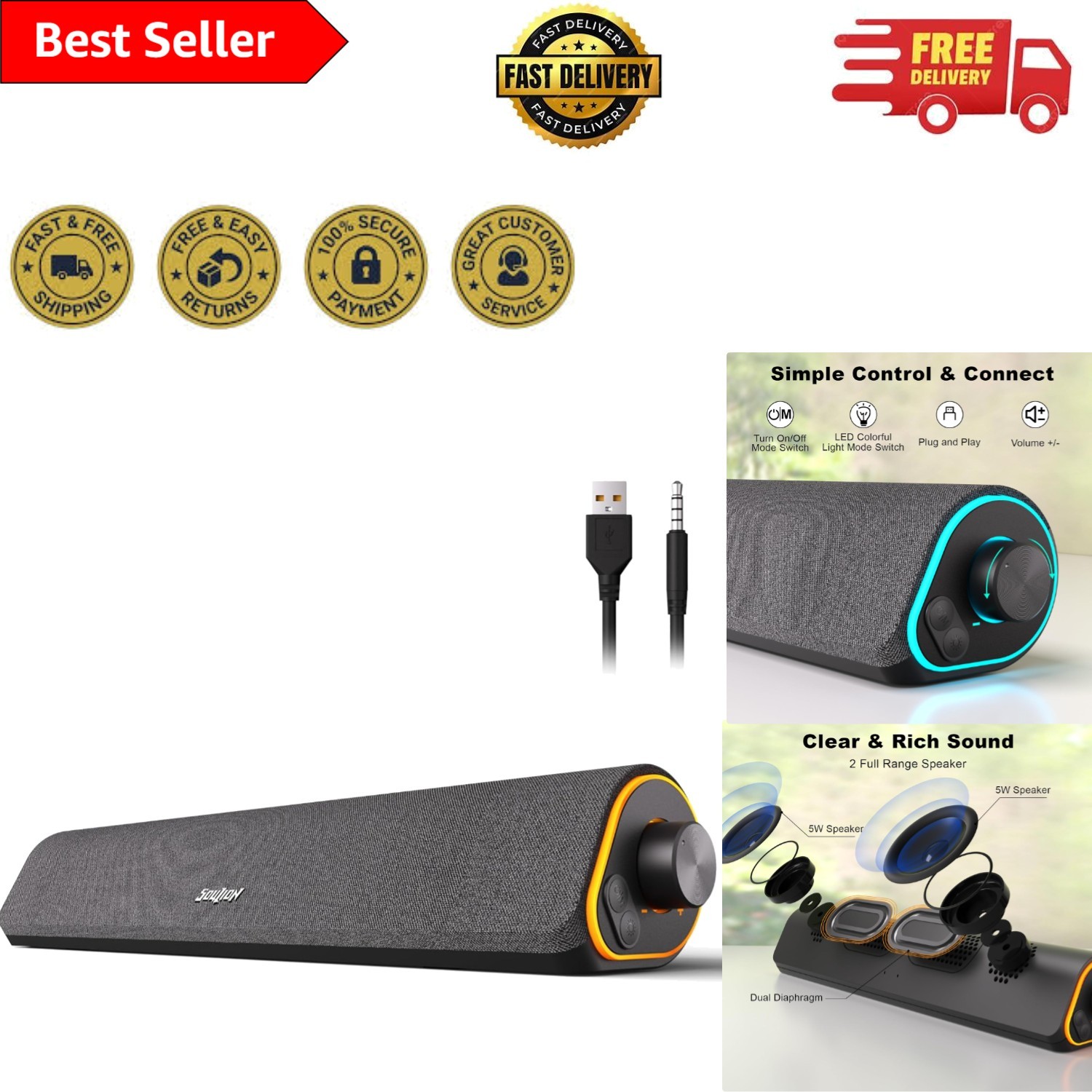 Dynamic R50 Bluetooth Speakers with LED Glow - 10W Surround Sound Experience