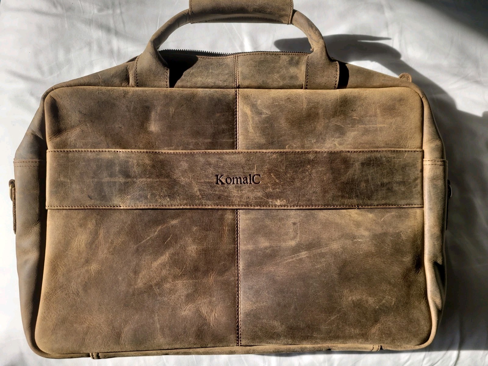 KomalC Leather Messenger Bag Brown For 15" Laptop, Padded, Partitions