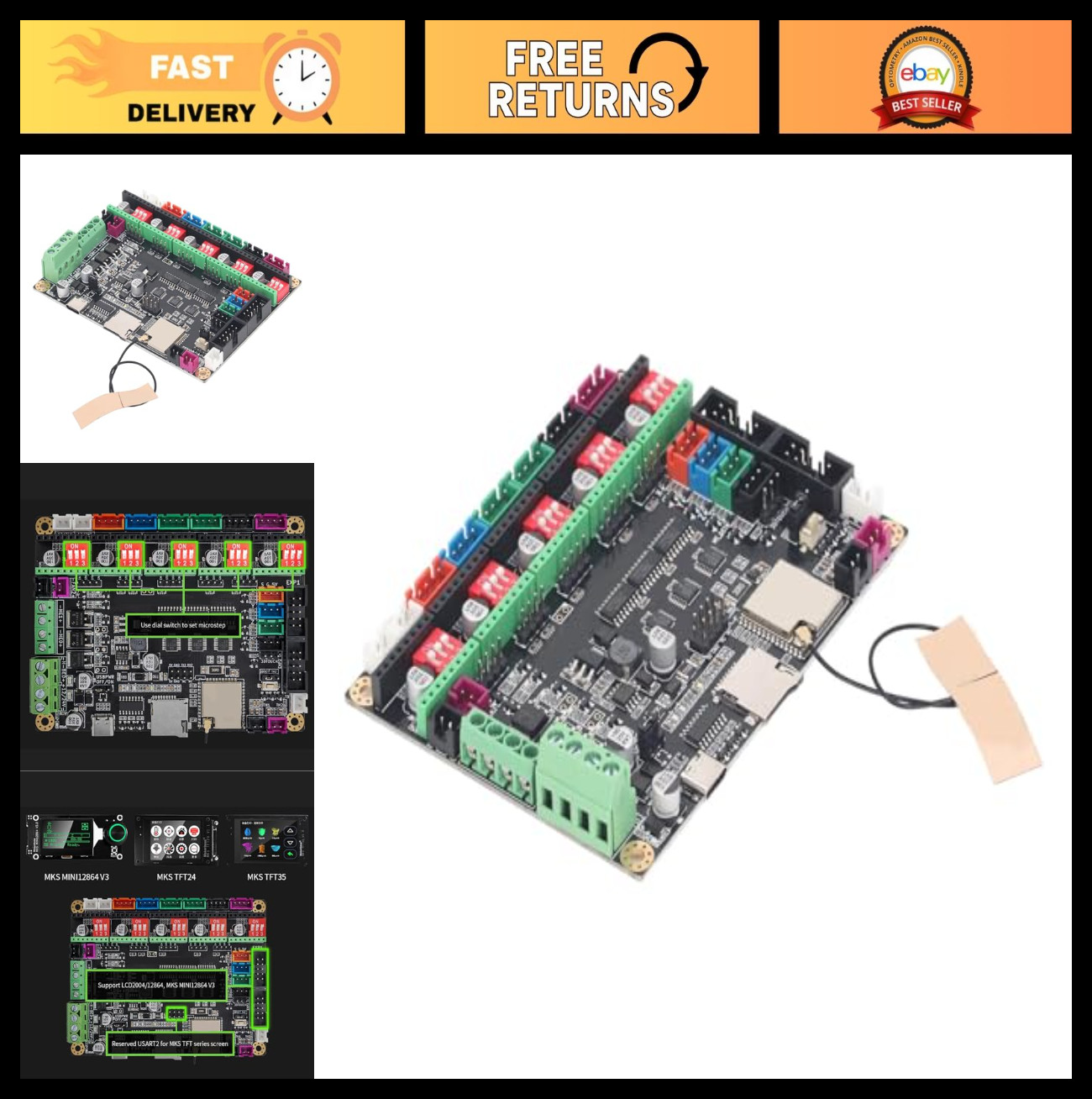 High-Performance 32 Bit 3D Printer Motherboard, 240MHz Controller & 5 A4988 Driv
