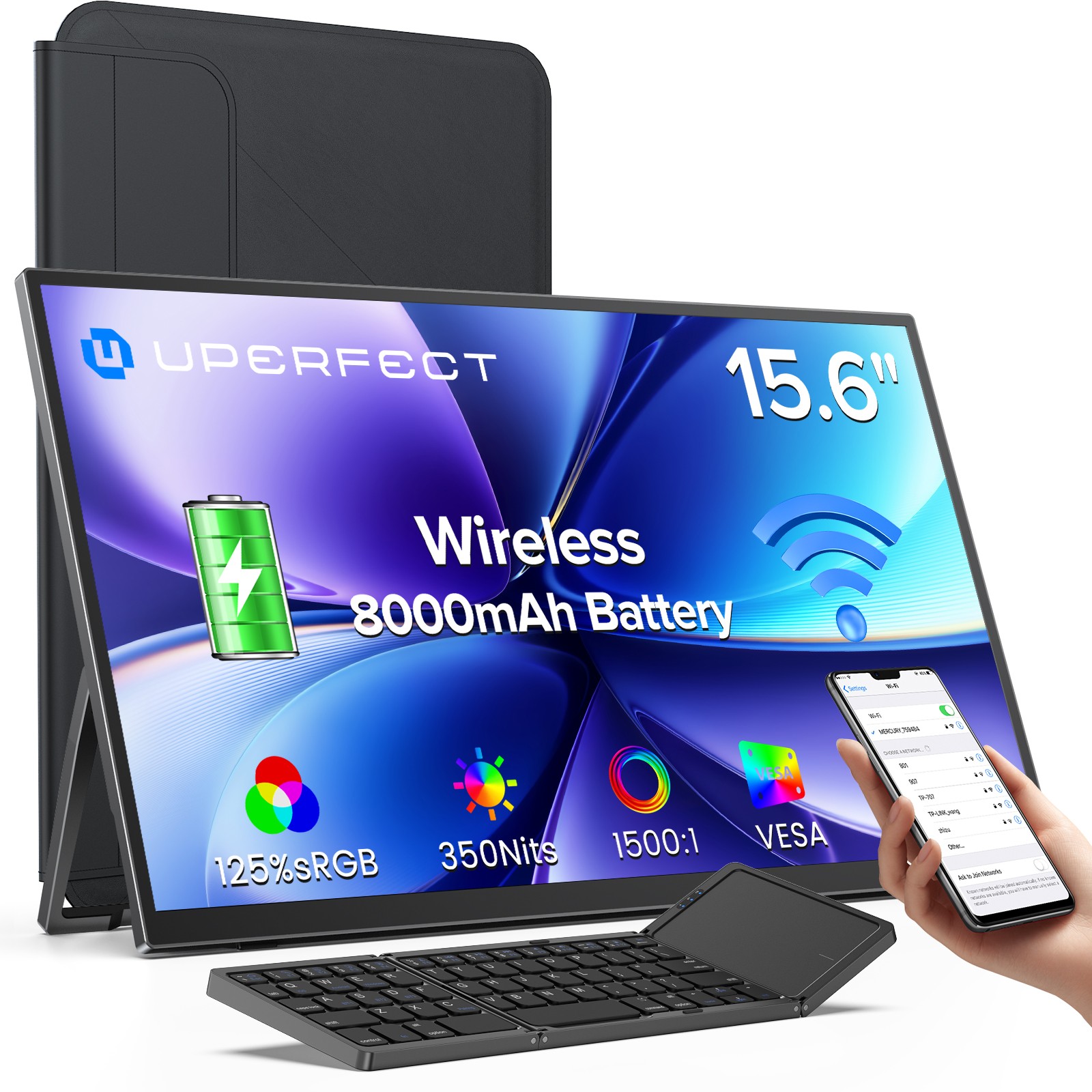 UPERFECT 15.6 1080P Portable Monitor Wireless Display Built-in Battery Freestand
