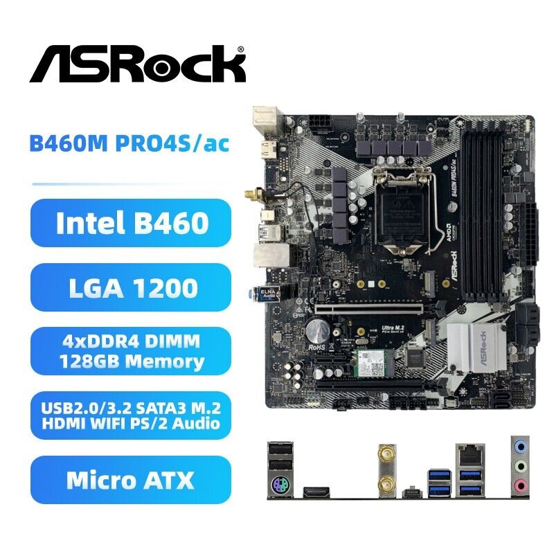 ASRock B460M PRO4S/ac Motherboard Intel B460 LGA1200 DDR4 SATA3 HDMI WIFI Audio