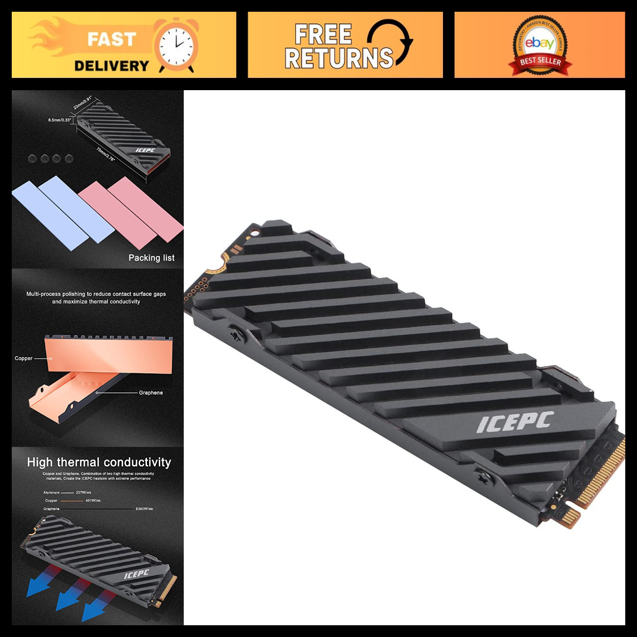 M.2 NVMe 2280 SSD Cooler with Graphene Coating & Copper Heatsink for PS5, Laptop