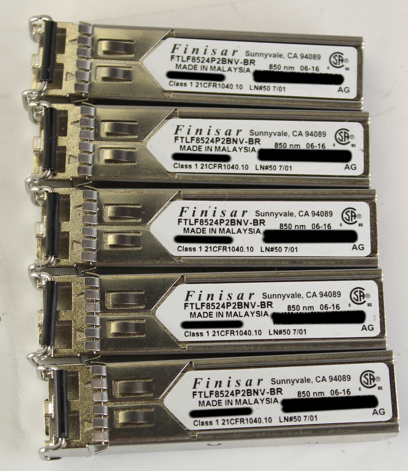 Lot of 5 Finisar FTLF8524P2BNV-BR Class 1 850nm 4Gb SFP Transceiver Module