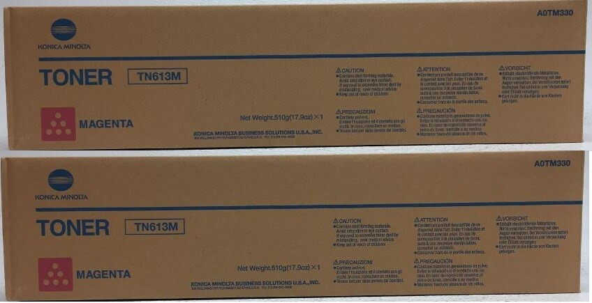 2 Genuine Factory Sealed Konica Minolta TN613 Magenta Toner Cartridges