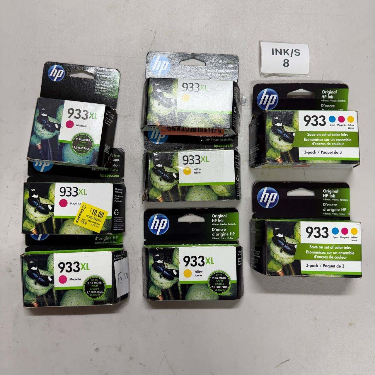 Lot of 8 Genuine HP 933XL Magenta, Yellow & HP 933 3-Pack Color Ink Cartridges
