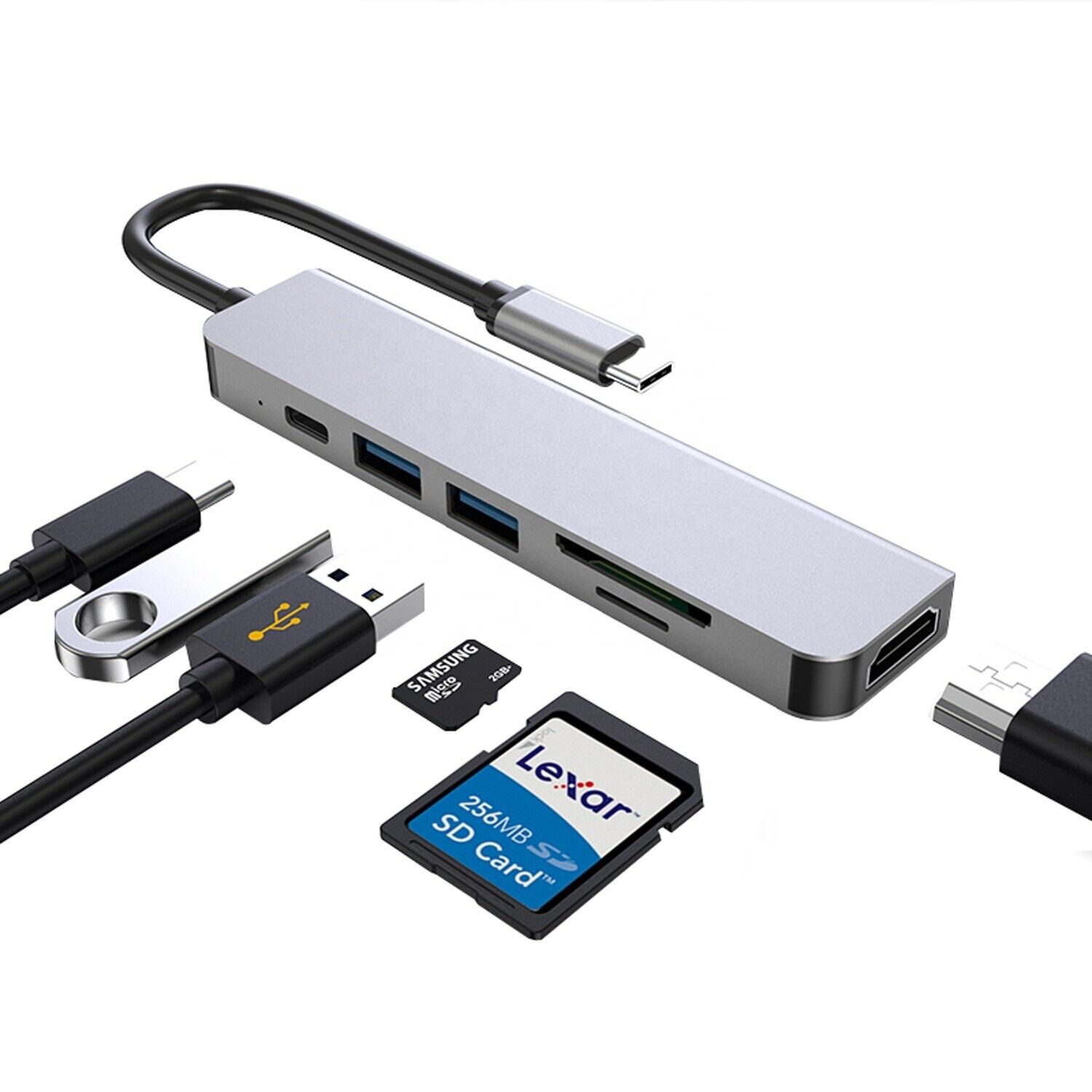 6 in 1 USB-C Hub Plus & Play Adapter Type C Hub :HDMI, 2x USB, Memory Crd Reader