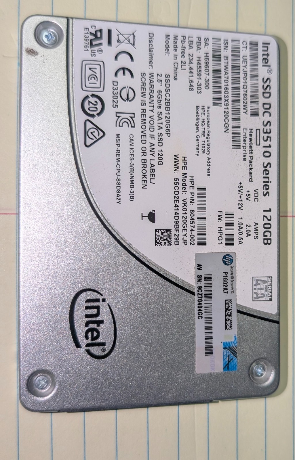 Intel DC S3510 120GB 2.5" SATA III Internal SSD Hot Swap 804574-002