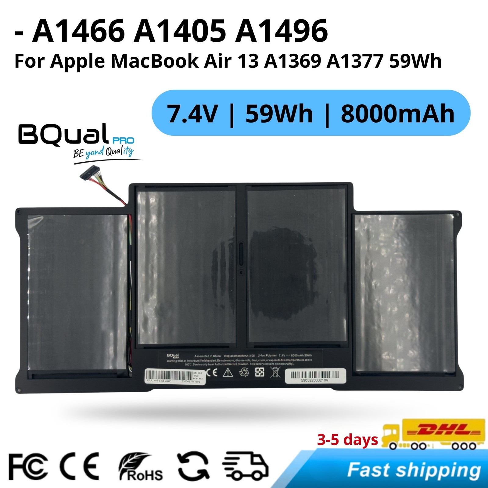 Laptop Battery A1496 A1405 A1377 for Apple MacBook Air 13 A1466 A1369 55Wh