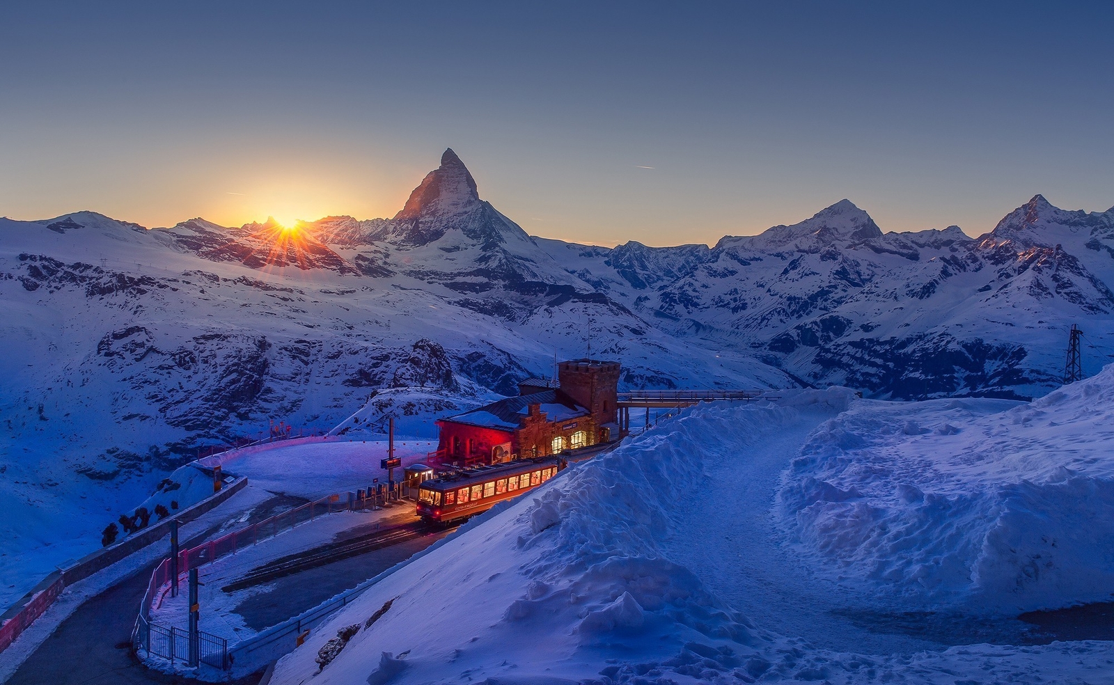 Landscape nature mountains winter snow sunset train Custom Gaming Mat Desk