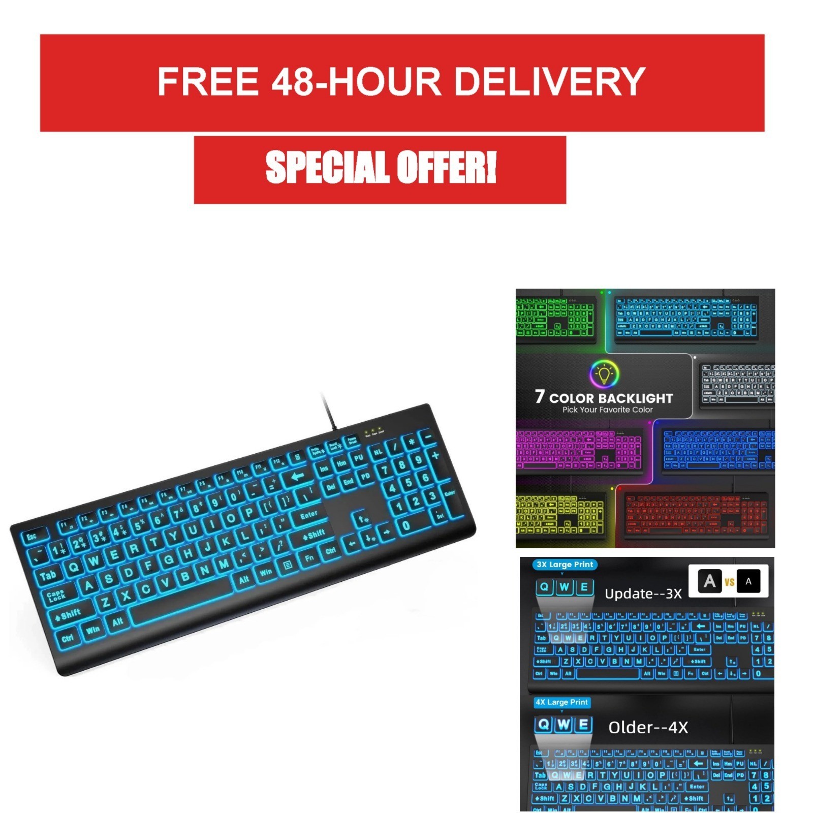SABLUTE K11PRO Large Print Backlit Keyboard USB Wired RGB