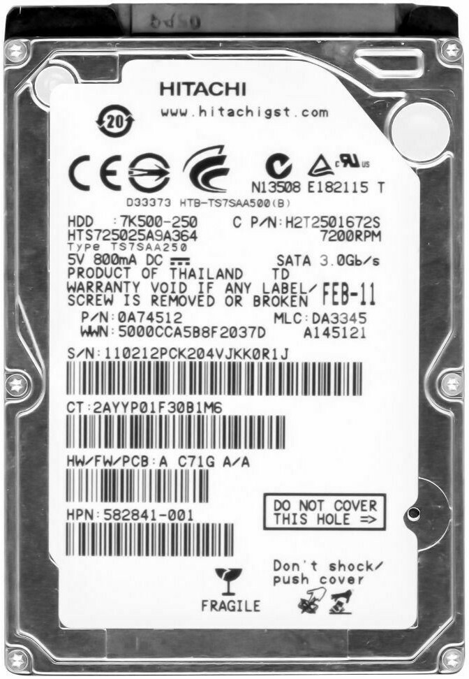 HARD DRIVE HITACHI TRAVELSTAR 7K500 250GB 7.2K 16MB SATA II HTS725025A9A364 2.5"