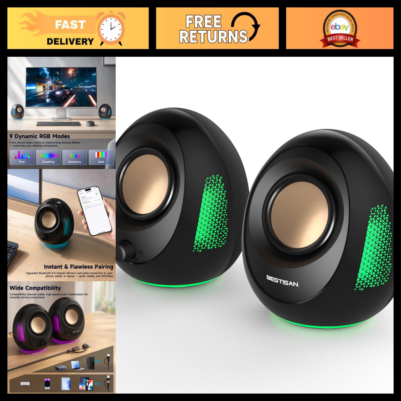 20W Bluetooth PC Speakers, USB & USB-C Powered, RGB Lights, Enhanced Bass, Plug