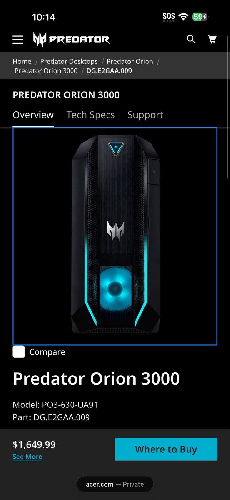 Acer Predator Orion 3000 Gaming Desktop i7-11700F 16GB 1TB 512GB RTX 3070