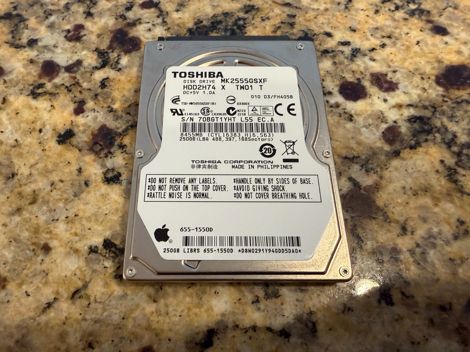 Toshiba 250GB 2.5" SATA HDD MK2555GSXF Apple 655-1550D Tested & Wiped