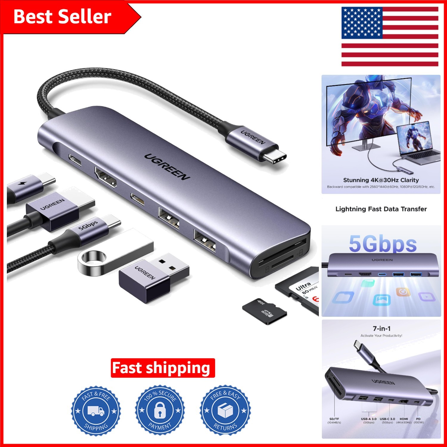 Versatile USB C Hub: 4K HDMI, Fast Data Transfer & All-in-One Laptop Solution