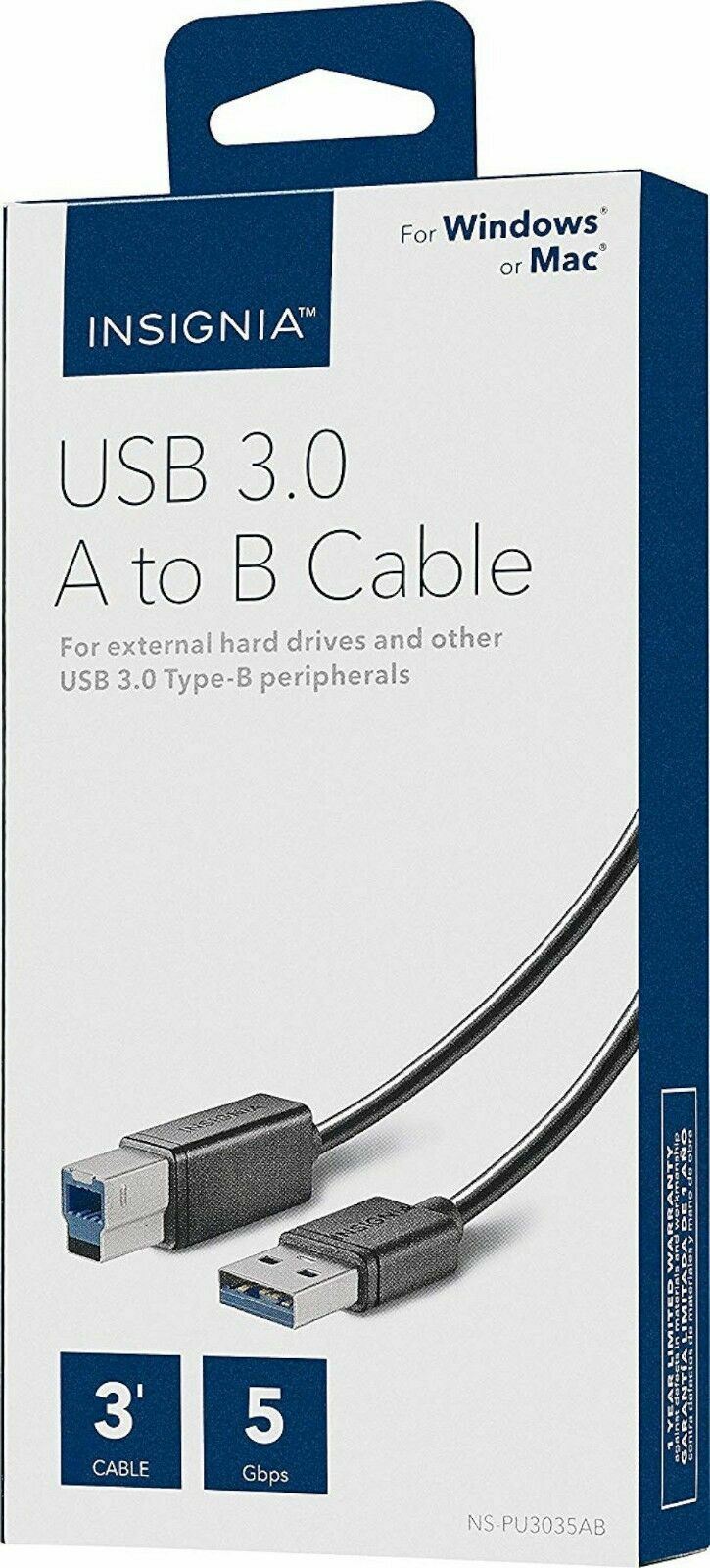 NEW Insignia USB 3.0 Type A Male to B Male Cable 3' for Printer Scanner HDD Mac
