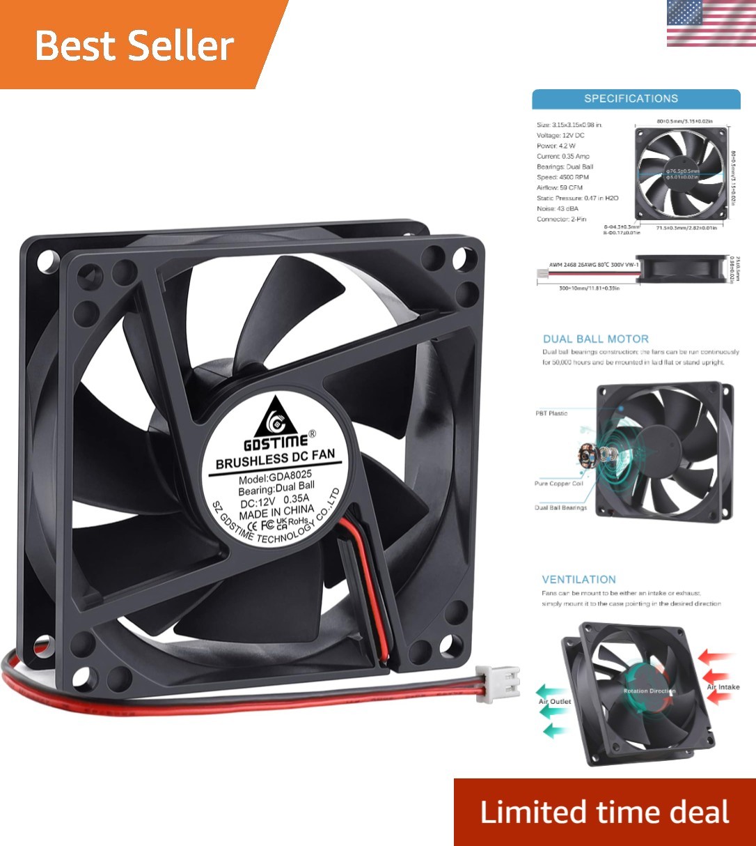 High Performance 4500 RPM 80mm Cooling Fan with 2-Pin Connector – Ideal for Amps