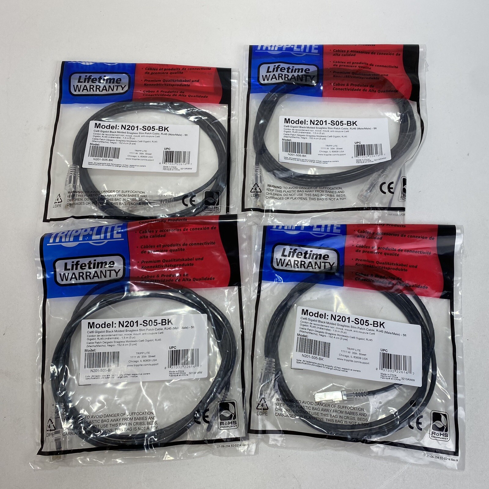 Pack of 4 - Tripp Lite Cat6 Gigabit Snagless Molded Patch Cable 5' N201-005-BK