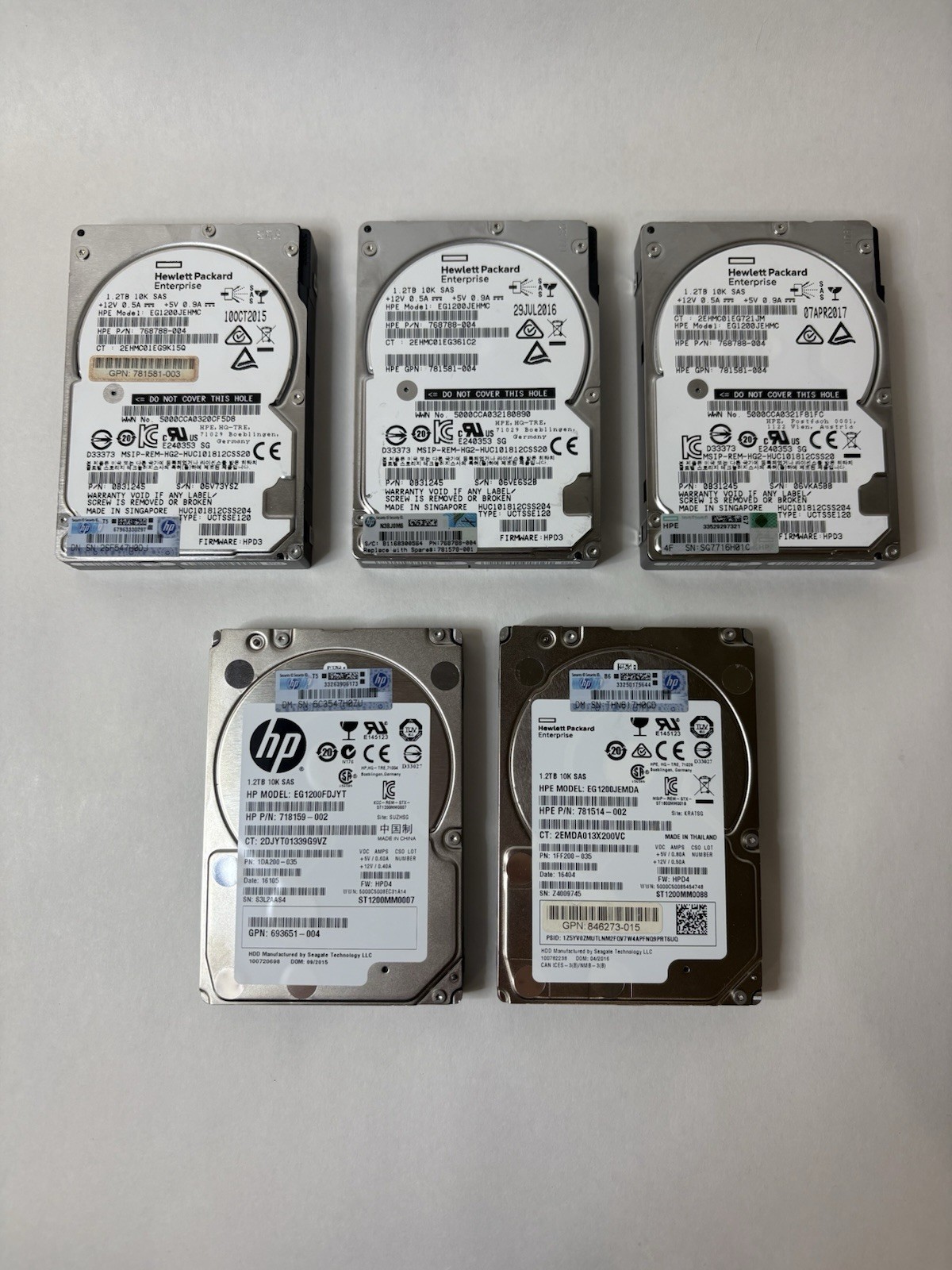 HP 1.2TB 10K SAS 2.5" HDD – EG1200JEMDA / EG1200FDJYT / EG1200JEHMC- lot of 5