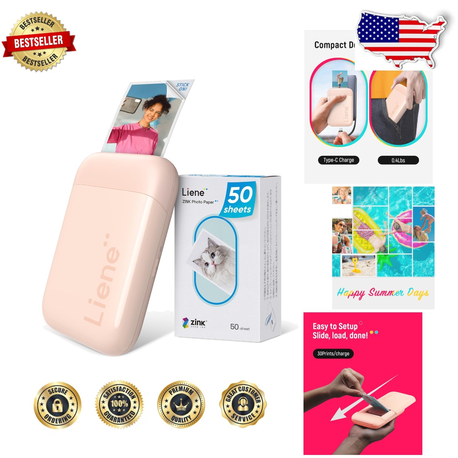 Portable Pearl K100 Photo Printer w/ 50 Zink Sheets, Bluetooth 5.2, iOS/Android
