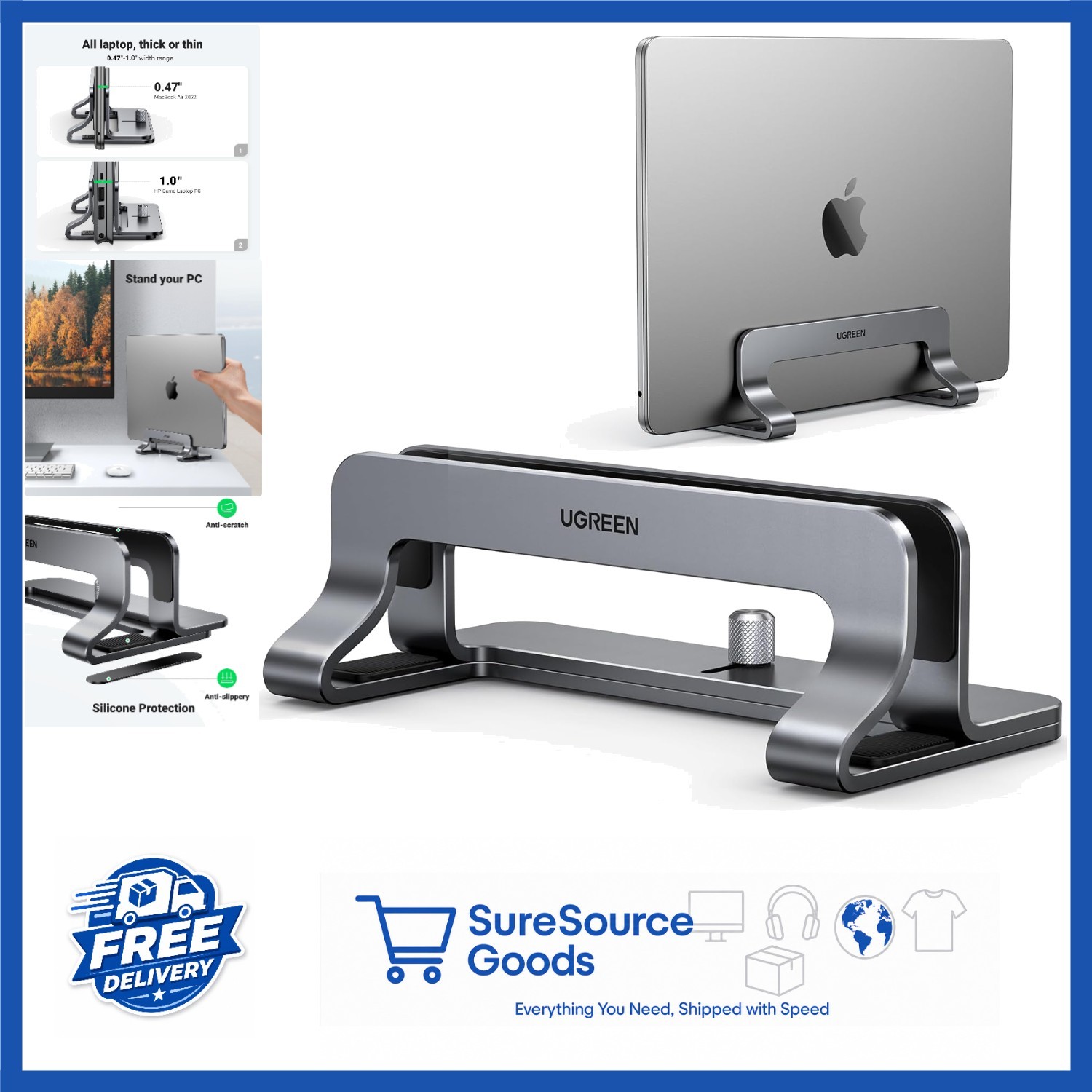 Sturdy Vertical Laptop Stand Holder for Desk with Adjustable Width Aluminum Gray
