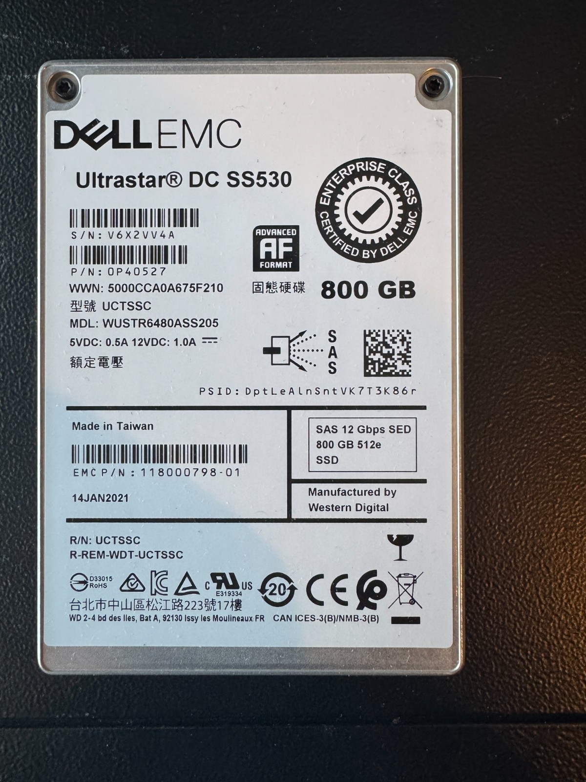 Dell EMC 800GB SAS 12Gbps SSD Ultrastar DC SS530 WUSTR6480ASS205 0% Endurance Us