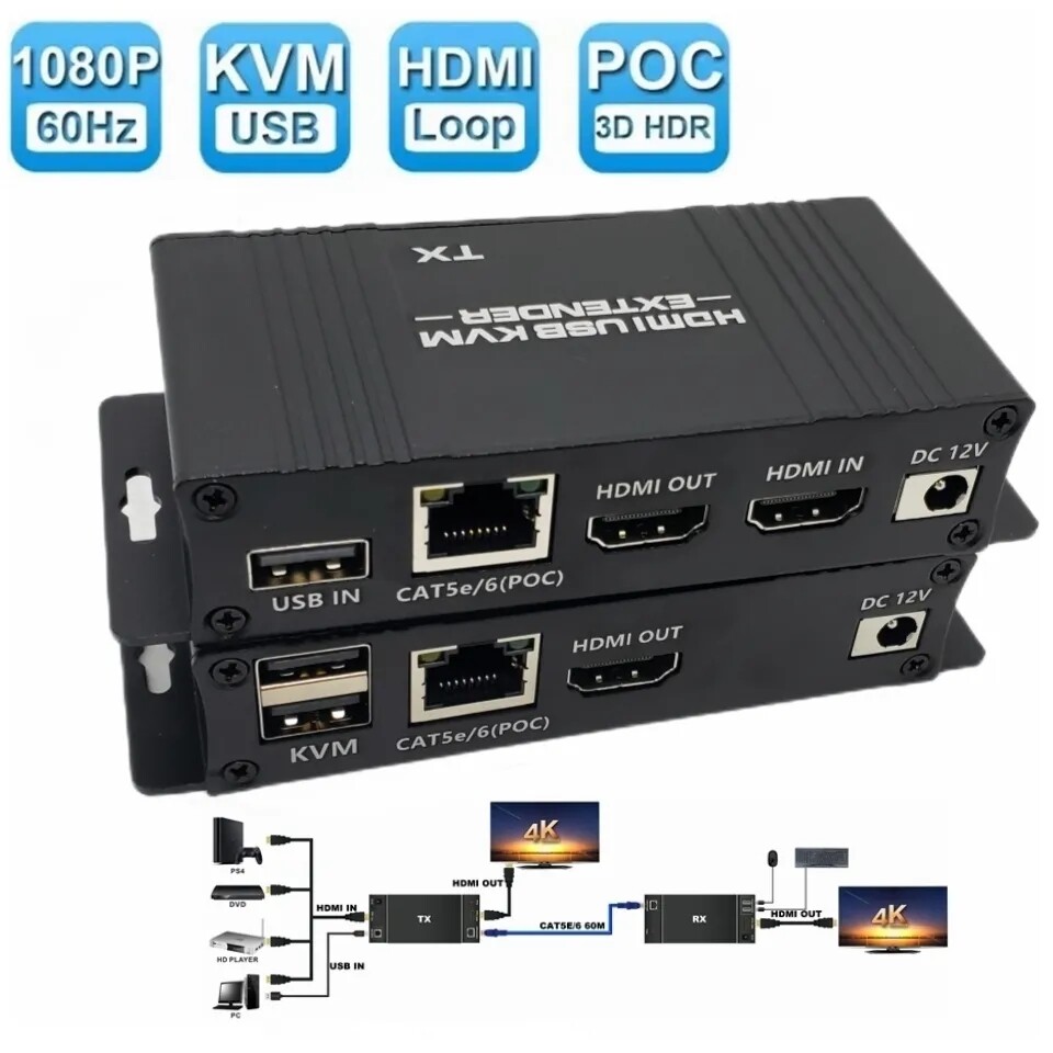 60M HDMI KVM Extender over Ethernet Cat5e/6 POC Cable 1080P HDMI USB Extender