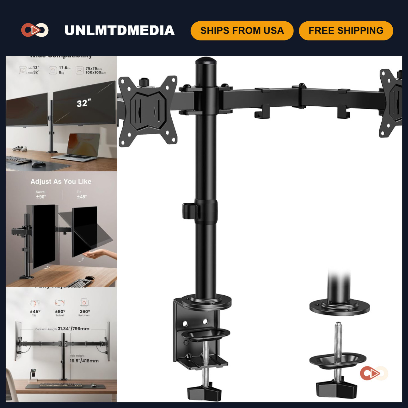 Heavy Duty Dual Monitor Stand - Adjustable Desk Mount for 2 Screens up to 32” -