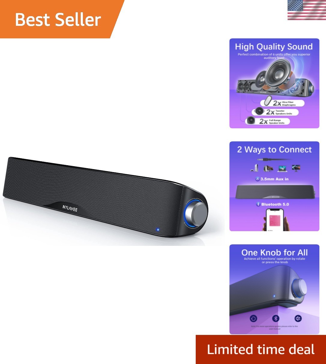 Computer Speakers for Desktop PC, Bluetooth & AUX PC Sound Bar
