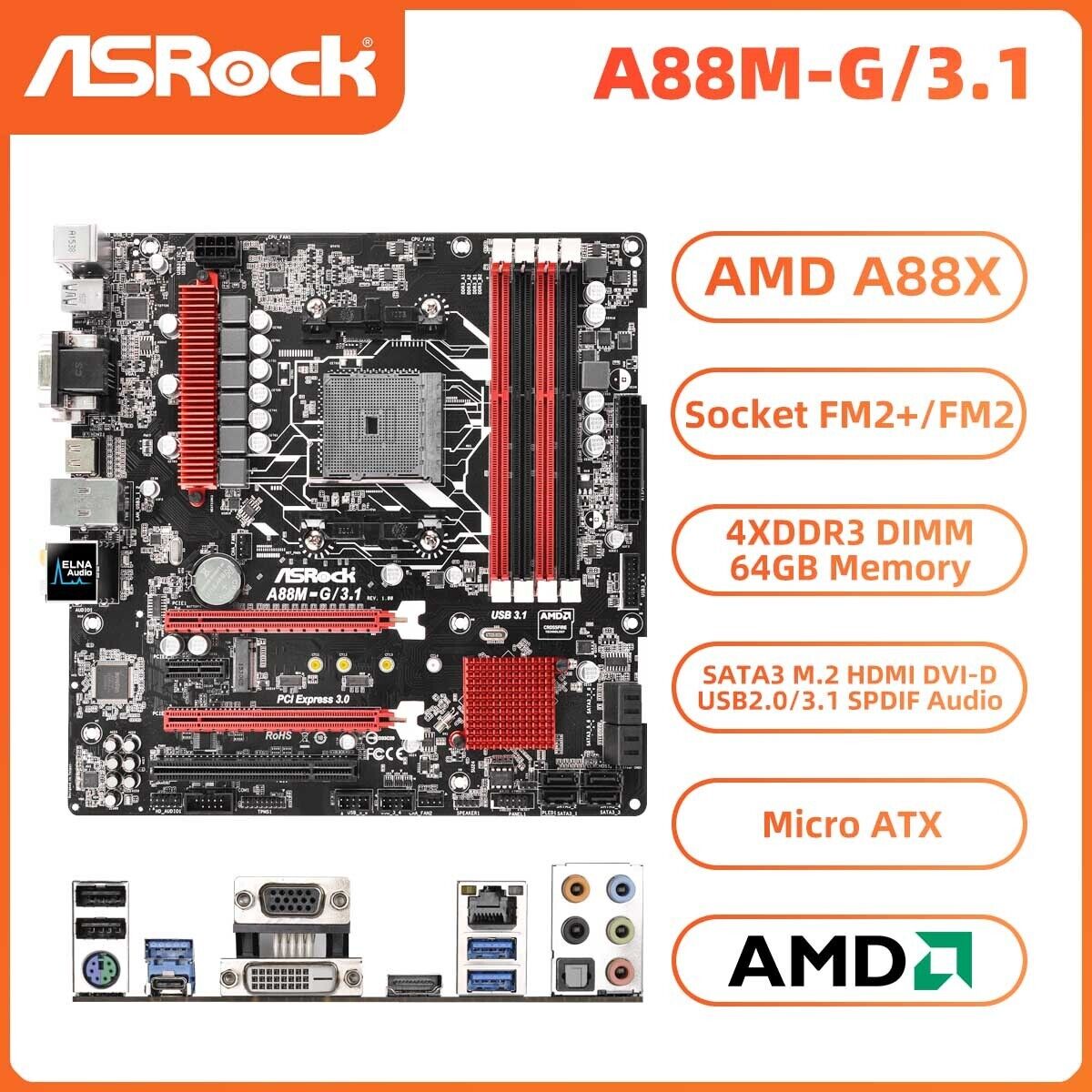 ASRock A88M-G/3.1 Motherboard M-ATX AMD A88X FM2+ DDR3 SATA3 HDMI DVI-D VGA M.2