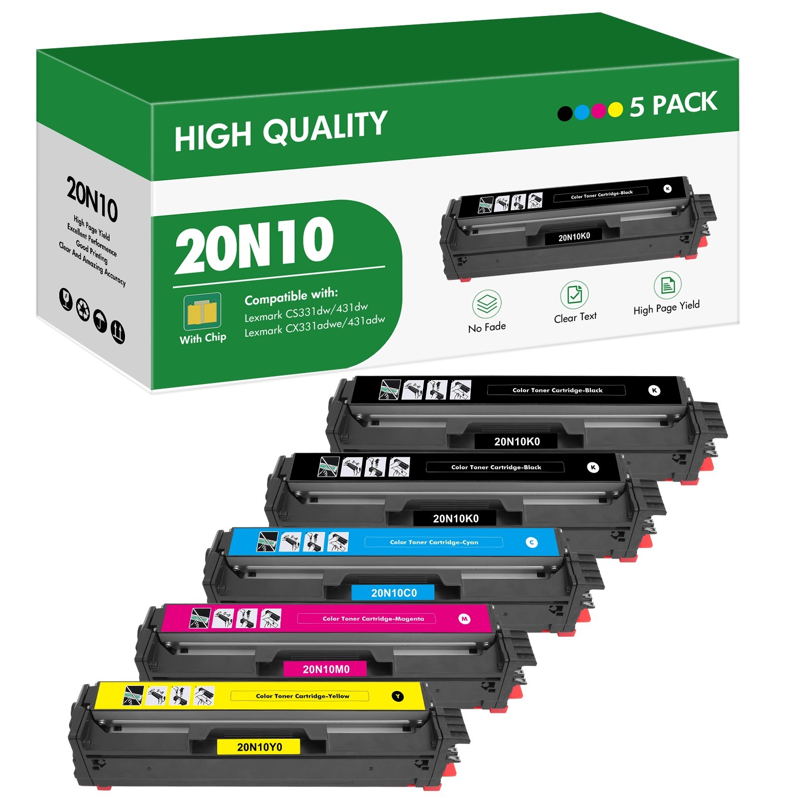 CS331 CX331 Toner Cartridges 5 Pack (with Chip) 20N10K0 20N10C0 20N10M0 20N10Y0