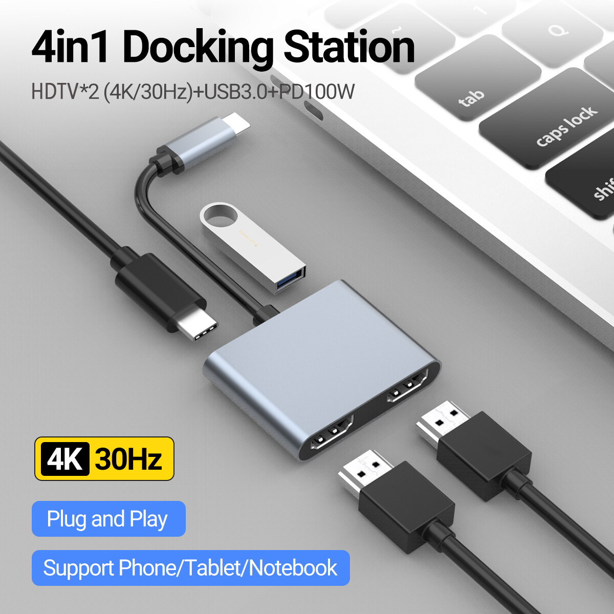 USB C HUB 4in1 with USB 3.0 Adapter 4K HDTV PD Docking Station for Laptop Switch