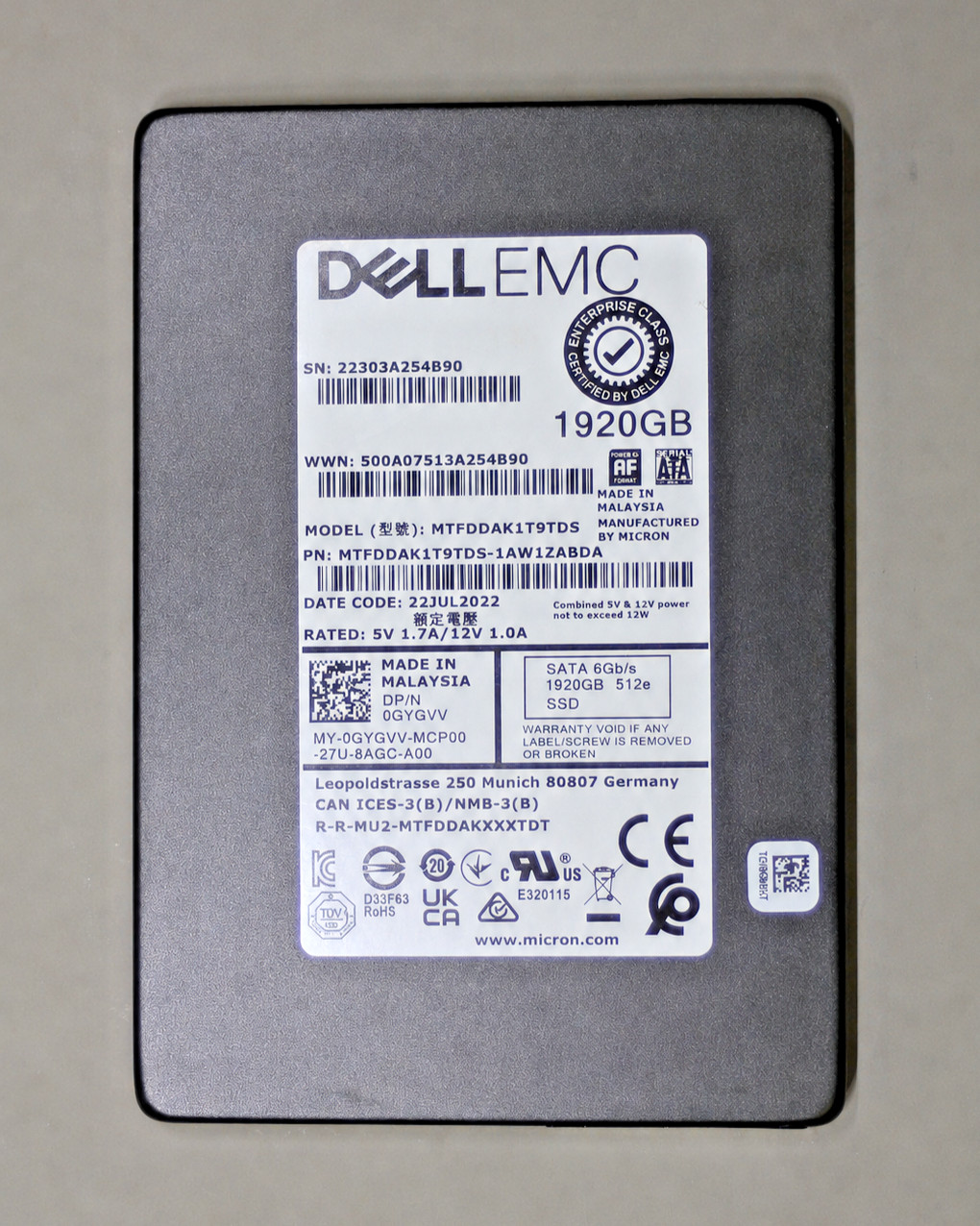 Dell EMC 0GYGVV 1920GB 1.92TB MTFDDAK1T9TDS-1AW1ZABDA SATA SSD 80-89% Health